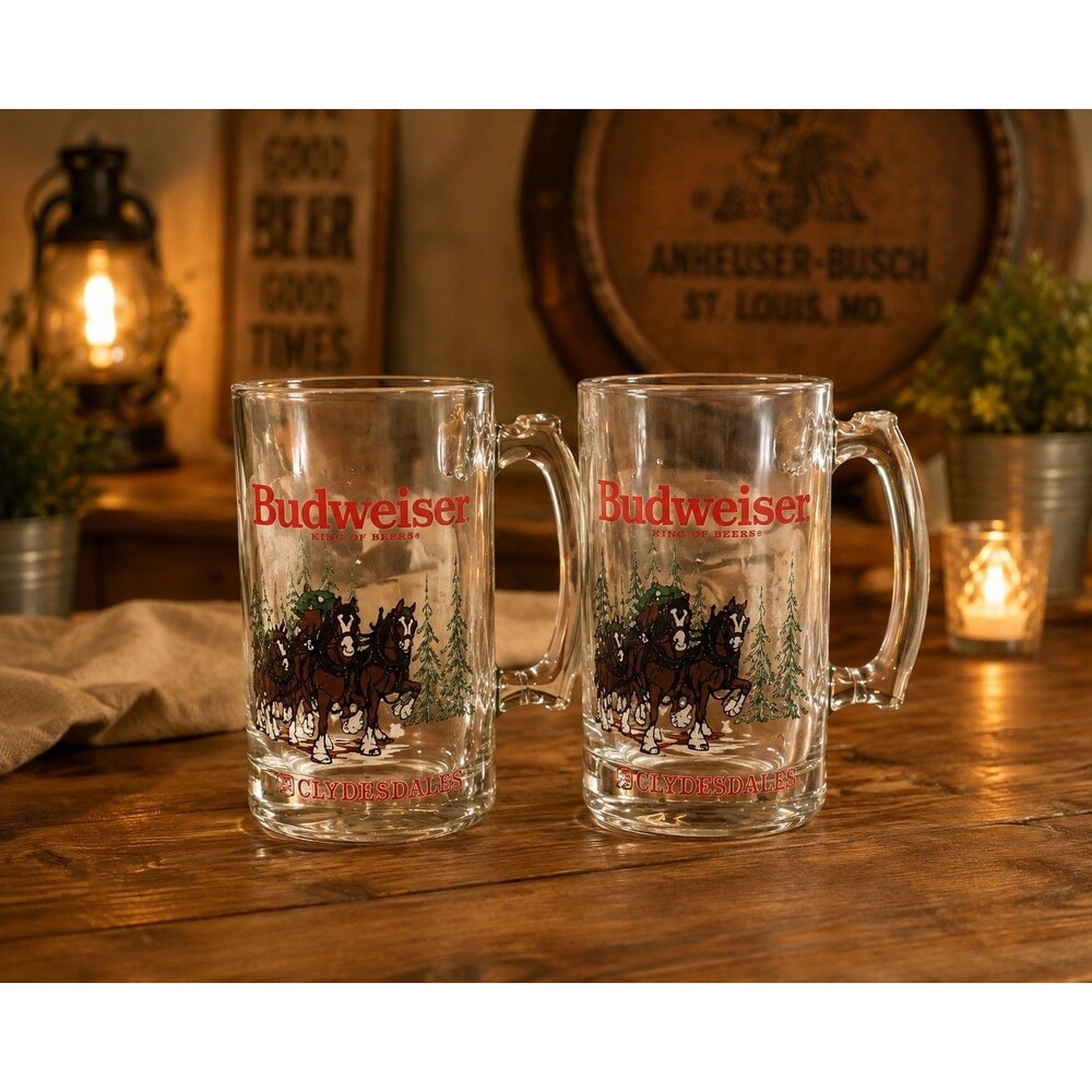 Budweiser Beer Stein 2 Mug Vintage Glass set Clydesdales Horses Christmas 1991.